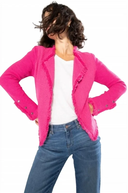 ladies' wool overcoat -Fringe Mix Knit Jacket In Charged Pink