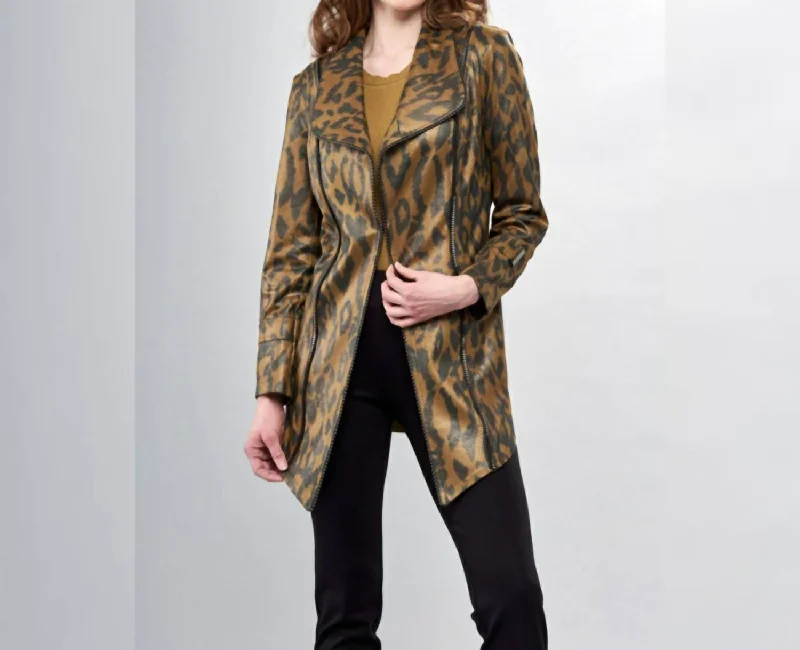 oversized women's coat -Liquid Sage Leopard Print Long Metal Jacket