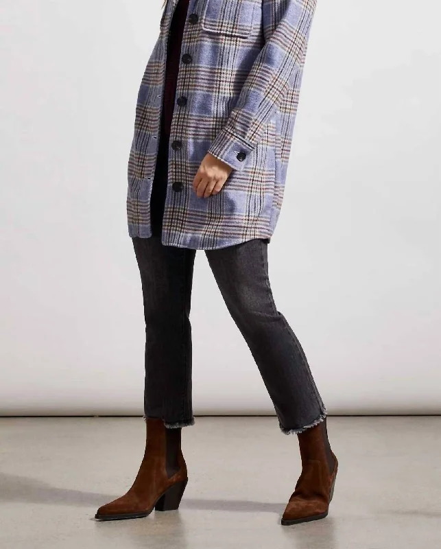 long elegant trench coat for women -Long Plaid Jacket In Blue Lake