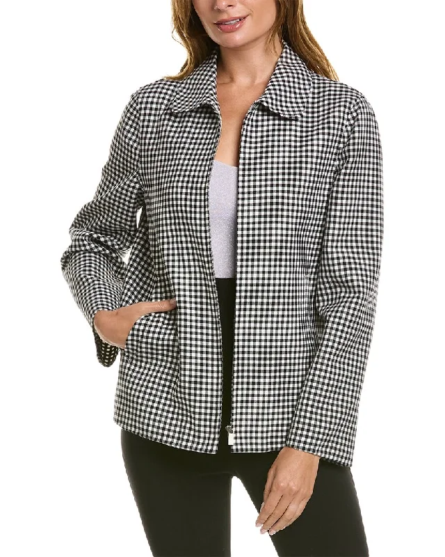 women's asymmetrical zip jacket -Michael Kors Gingham Wool Zip-Up