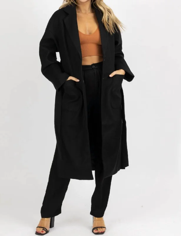 women's faux fur-lined parka -Oversize Belted Trench Coat In Black