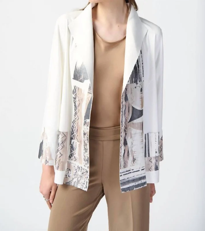 military-style coat for women -Patchwork Suede Jacket With Foil Print Accents In Vanilla/multi