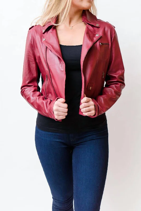 cozy oversized wrap coat for women -Piper Leather Jacket, Vintage Red