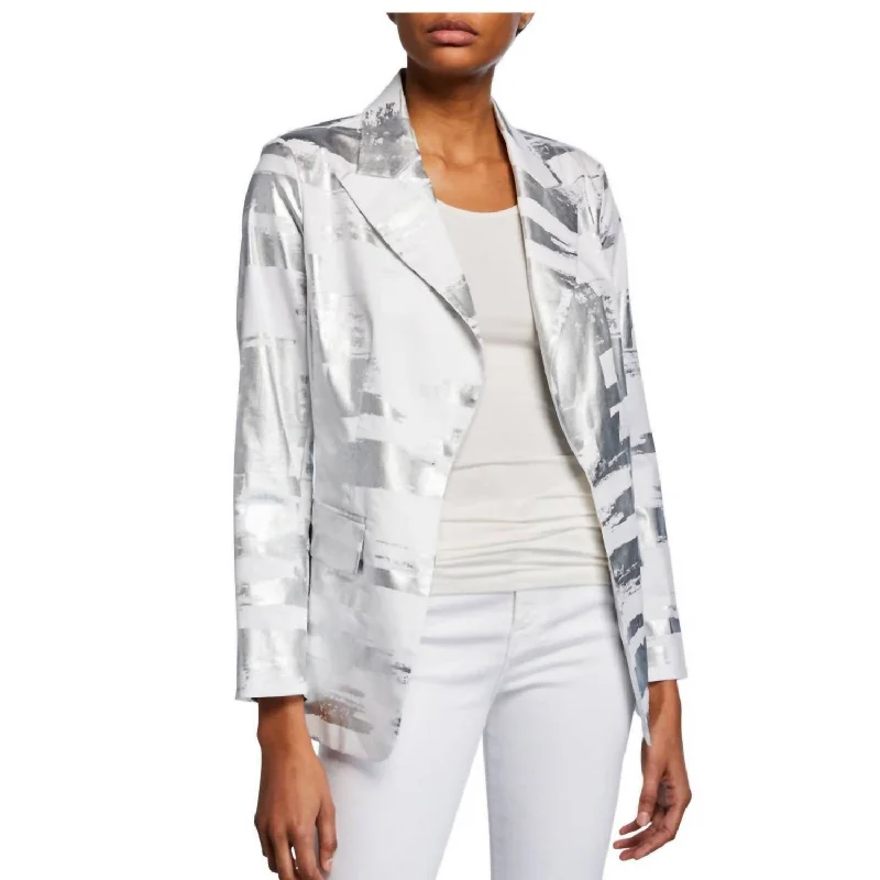 ladies' puffer jacket -Silver Foil Jacket In White Silver