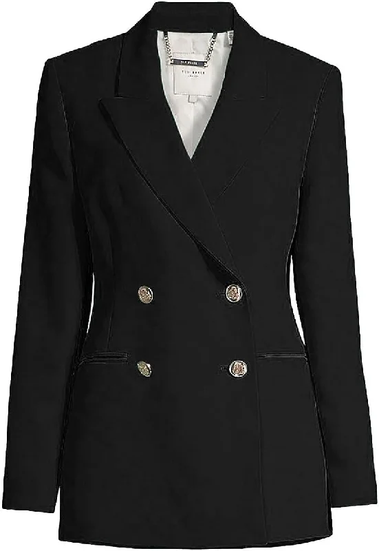 ladies' fur-lined jacket -Ted Baker Women Solid Black Llayla Double Breasted Embossed Button Blazer Jacket