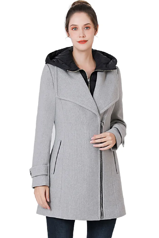 fitted wool blend coat for women -BGSD Women Rue Wool Asymmetric Zipper Coat with Removable Hood