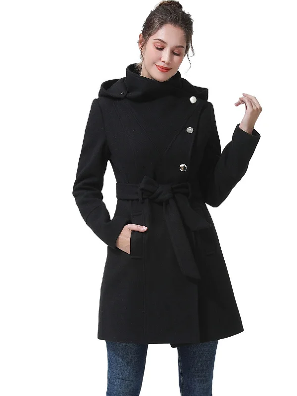 double-layered long coat for women -BGSD Women Bel Hooded Wool Trench Coat